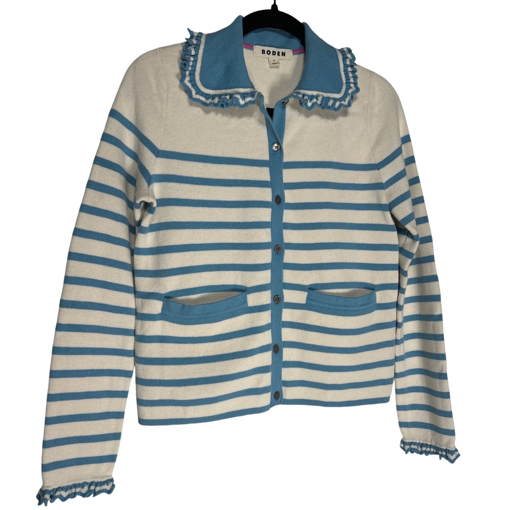 Boden Jessie Frill Collared Cardigan Blue White Striped Size XS Retail: $231